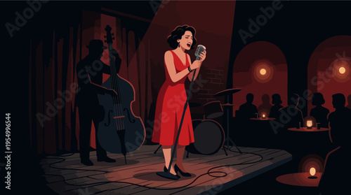 Young woman performing live on stage in red dress under warm spotlight