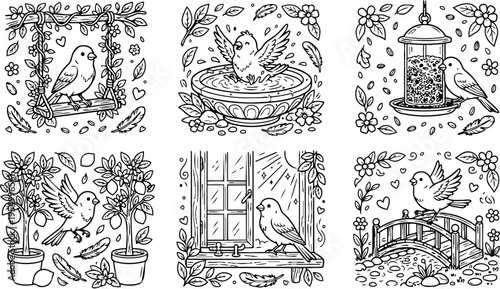 Colorbook style line art six bird illustrations featuring birds on swing birdbath feeder potted tree window ledge and garden bridge detailed floral and leaf decorations