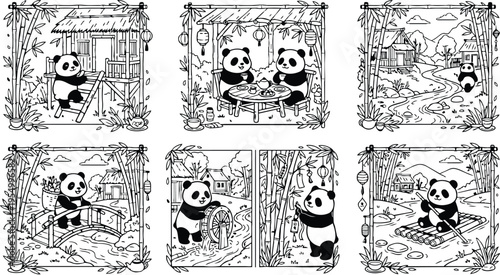 Colorbook style panda vector art set featuring playful panda climbing house table tea party river path bridge bamboo spinning wheel raft outdoor nature scenery detailed linework