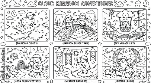 Colorbook style whimsical cloud kingdom adventures with bouncing sheep jumping clouds rainbow bridge trail and sky village lift in cute fantasy scene