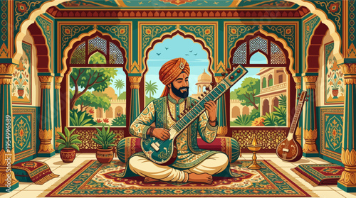 Traditional Indian musician playing sitar in ornate palace interior with garden view