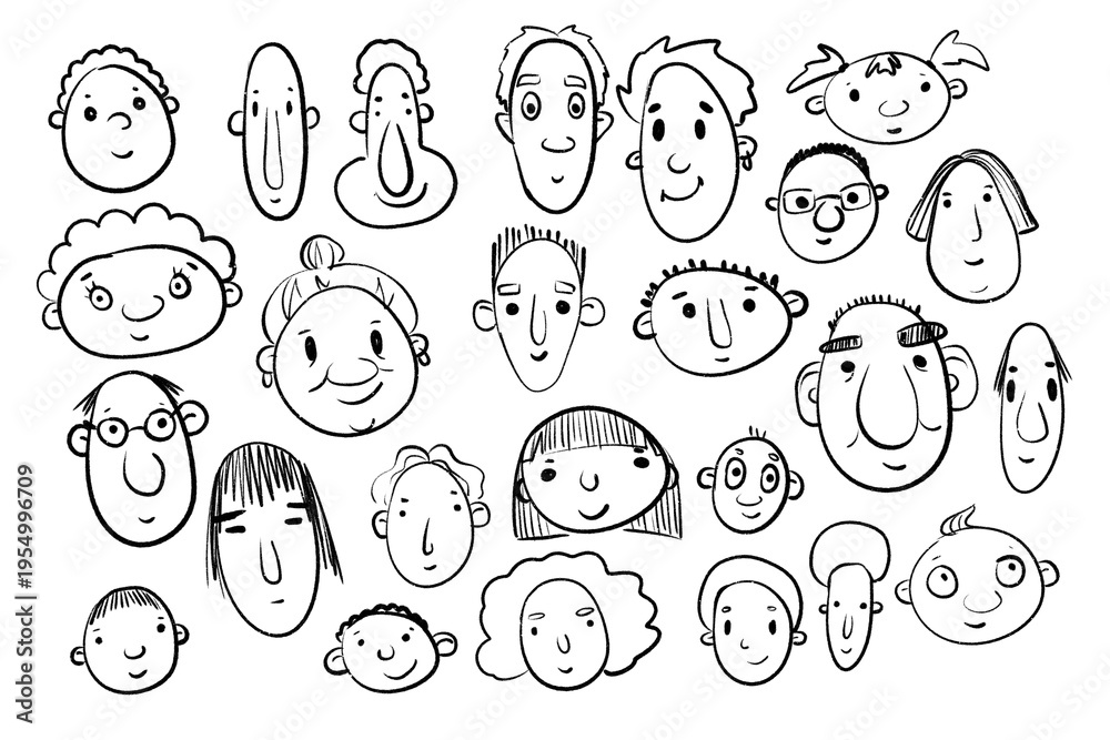 Fototapeta premium Set of diverse hand drawn faces and heads characters collection in black ink line art on white background