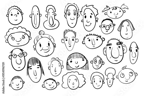 Set of diverse hand drawn faces and heads characters collection in black ink line art on white background