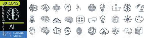 Collection of thirty artificial intelligence and machine learning icons