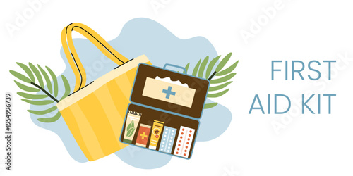 Travel first aid kit concept illustration. Travel aid banner template. First aid kit for traveling with cotton, bandage, sunscreen bottle, reppelent and pills.