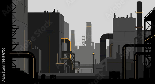 A stylized illustration of a vast industrial complex with numerous factory buildings, interconnected pipes, and towering smokestacks under a grey sky.