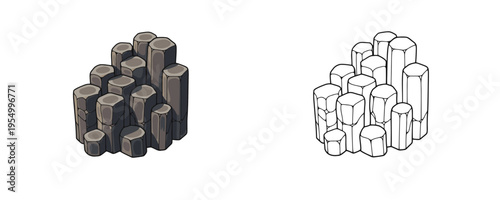Basalt column formation vector illustrations shown in colored cartoon and black outline linear styles, dark grey and charcoal tones, representing volcanic rock on white background