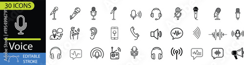 Collection of thirty voice and audio-related icons for design projects