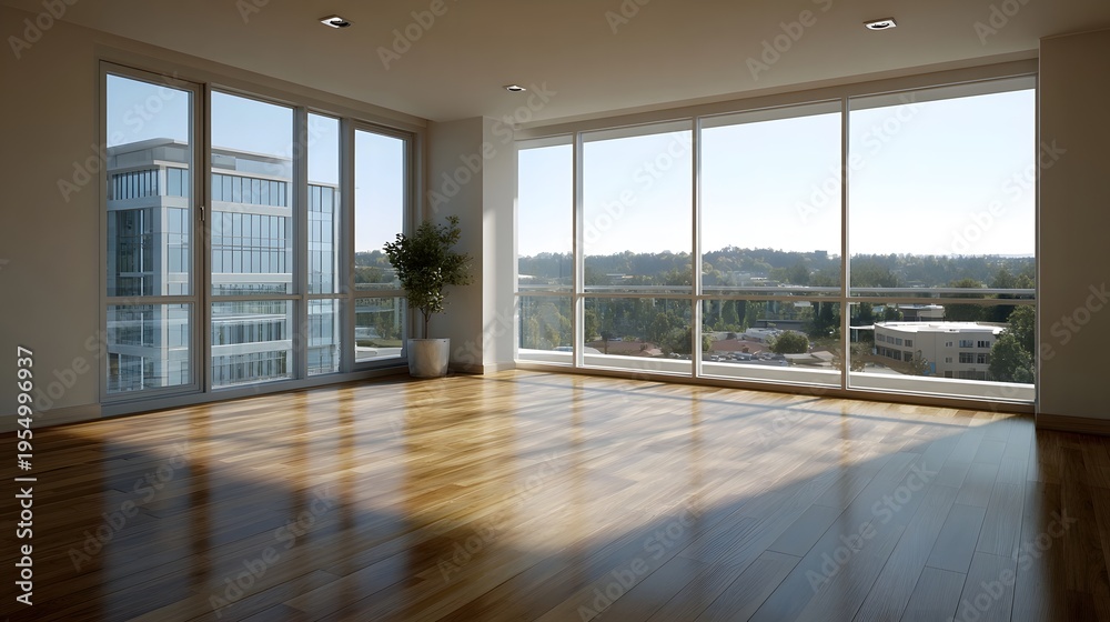 Fototapeta premium Bright empty modern room with panoramic overlooking a sunlit urban landscape