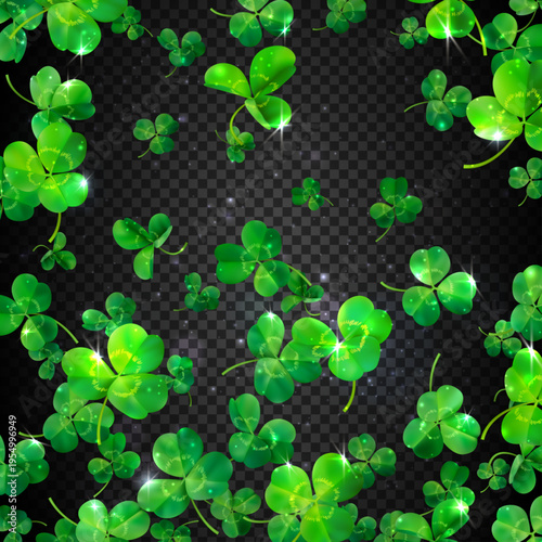 Seamless green clover pattern with sparkling shamrocks on transparent background