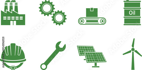 Industrial green energy icon set featuring solar panels, wind turbine, factory building, oil barrel, conveyor belt, gears, safety helmet, and wrench for sustainable manufacturing projects.