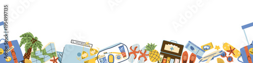 Travel airplane essentials border for summer vacation background. Vacation plane elements border - hygiene holder, camera, baggages, sleeping mask and luggages. Summer travel items background. Vector 