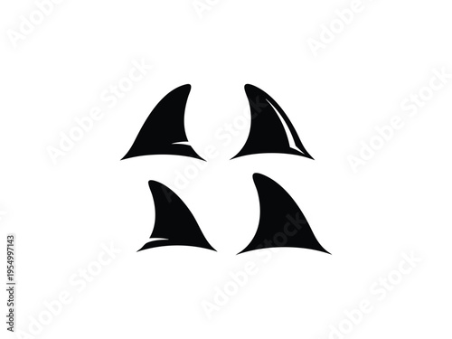 Shark fin silhouettes set isolated on white background for aquatic ocean predator design