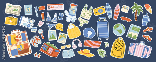 Summer travel stickers set. Travel icons in cartoon flat style. Luggages, beach bags and airport essentials. Cartoon flat illustration for travel planers, scrapbooking. Summer items for beach.