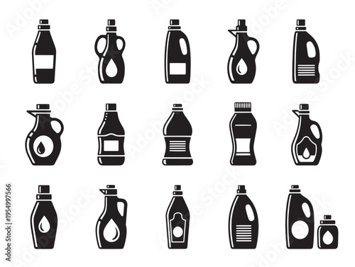 Set of various black plastic bottles and containers