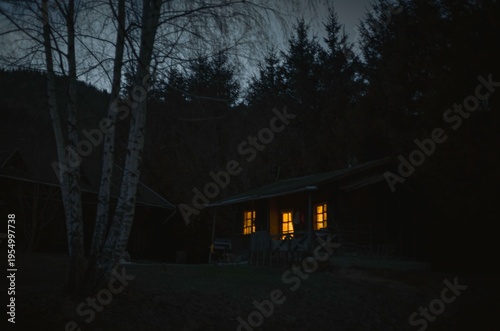 In the stillness of night, a rustic cabin stands quietly in the woods, bright windows glowing like friendly beacons. Tall trees frame the scene, enhancing the serene beauty