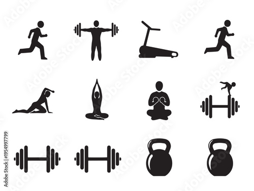 Various black silhouette icons of fitness and exercise