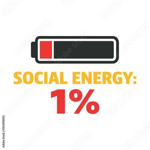 Low battery indicator with social energy percentage graphic design showing minimal energy isolated illustration perfect for social media fatigue or digital exhaustion concepts