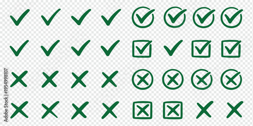 Check mark and X icons in colored circles representing approval disapproval correctness error validation concept, flat vector illustration design
