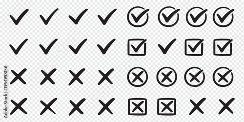Check mark and X icons in colored circles representing approval disapproval correctness error validation concept, flat vector illustration design