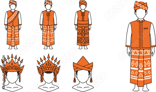Indonesian traditional costume vector set featuring Southeast Asian ethnic clothing, male character in batik sarong, ceremonial wedding headwear, and cultural regional fashion for heritage design.