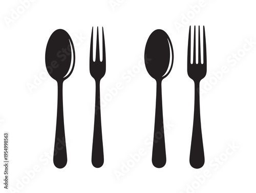 A set of black silhouettes of a spoon and forks