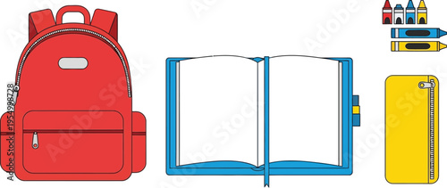 A collection of school supplies includes a red backpack, an open blue notebook, yellow phone case, and colorful crayons.