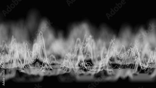 Audio white waveform digital background. Abstract music waves equalizer. Futuristic sound wave visualization. AI synthetic voice technology. Tune print. Distorted frequencies.