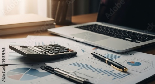 Financial Analysis and Planning Laptop Calculator and Pens on Documents.