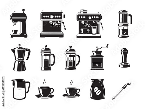 A collection of various coffee makers and coffee cups