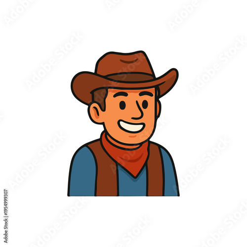 Smiling cowboy with brown hat and red bandana. Cheerful western man character. Happy cowboy in classic outfit.
