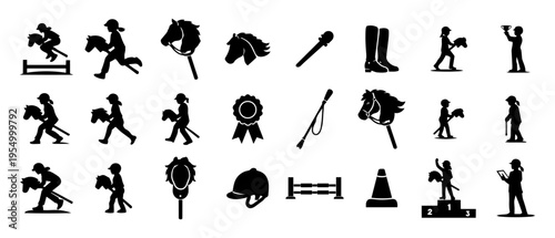 Hobby Horsing Silhouette Set, Equestrian Sport Icons, Jumping Riding Competition Scenes and Equipment Collection