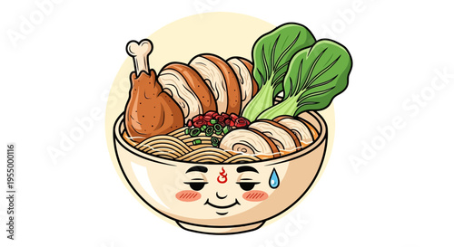 Cartoon bowl of spicy chicken ramen noodles with vegetables and a cute sweating face.