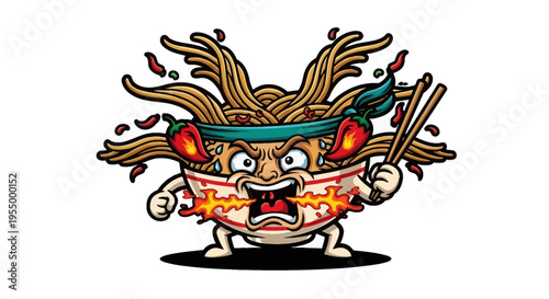 A vibrant cartoon illustration of an angry, fiery ramen noodle bowl character with chili peppers and chopsticks, depicting extreme spiciness.