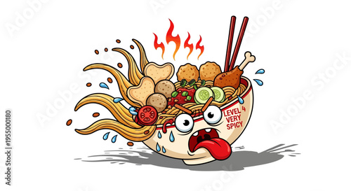 Cartoon illustration of a very spicy Asian noodle soup bowl with a sweating, wide-eyed face and flames, indicating extreme heat.