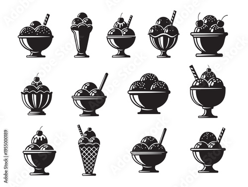 A set of black silhouettes of ice cream sundaes with various toppings