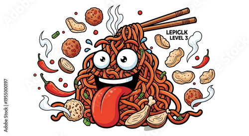 A vibrant cartoon illustration of a spicy noodle monster character with a long tongue, surrounded by meatballs, peanuts, and chili peppers.