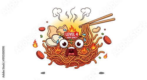 Cartoon illustration of extremely spicy noodles with a scared face, steaming and on fire, showing 'LEVEL 4 SPICY' with chopsticks and various toppings.