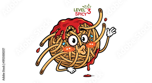 Cartoon spaghetti ball character with a spicy expression, covered in red sauce, indicating "LEVEL 3 SPICY".
