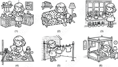 Colorbook style detailed vector art showing young girl cooking in kitchen reading book on sofa watering plants hanging clothes outside and sleeping in bed with canopy indoors
