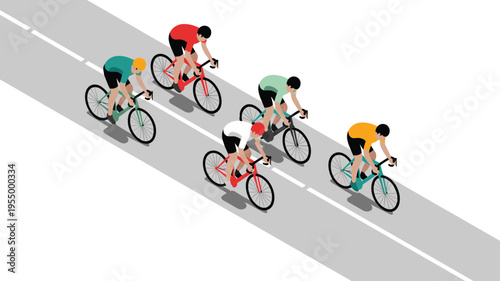 Cyclists riding road bicycles in race isometric vector illustration sport competition cycling team outdoor fitness speed training activity design
