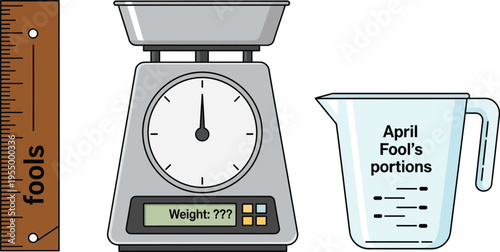 A kitchen scale, a measuring cup labeled for joke portions, and a ruler marked with the word fools illustrate concepts of inaccurate measurement.