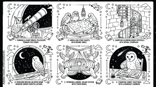 Colorbook style detailed vector art showing owls exploring astronomy with giant telescope star charts glowing moon crystals spiral staircase solar system model and comet logbook