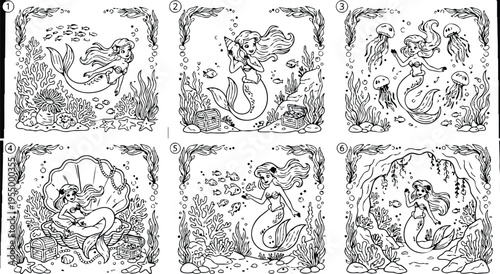 Colorbook style underwater scenes with mermaid swimming with fish seaweed treasure chest bubble frame detailed line art for creative relaxing fun activity