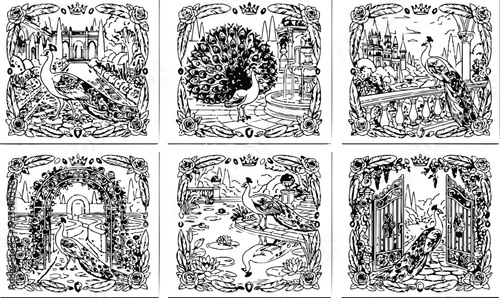 Colorbook style detailed peacock illustrations set showing peacocks walking and displaying feathers in majestic palace garden scenes with ornate borders and intricate foliage designs