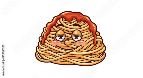 A cartoon character made of spaghetti with tomato sauce on top, featuring a happy face with rosy cheeks.