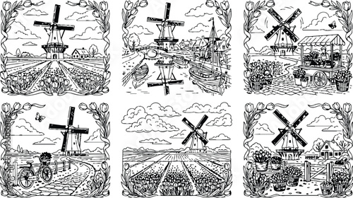 Colorbook style detailed line art scenes of dutch windmills surrounded by tulip fields boats bicycles and flower carts in peaceful countryside settings with decorative floral borders