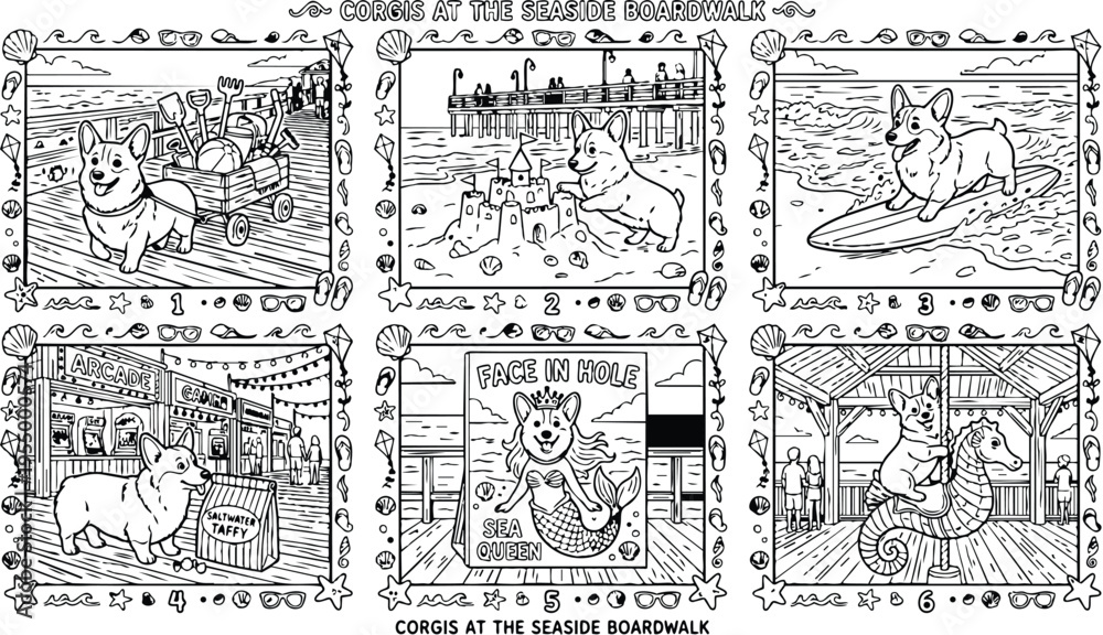 Fototapeta premium Colorbook style detailed seaside boardwalk scenes with corgis building sandcastles surfing and riding carousel seahorse in playful black and white line art