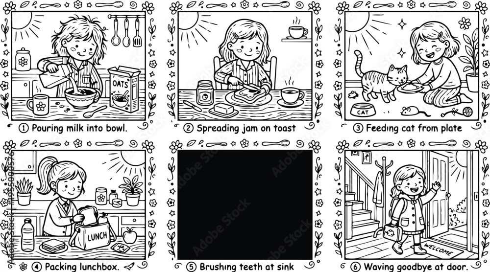 Fototapeta premium Colorbook style six panel children daily morning routine activities pouring milk spreading jam feeding cat packing lunch brushing teeth waving goodbye