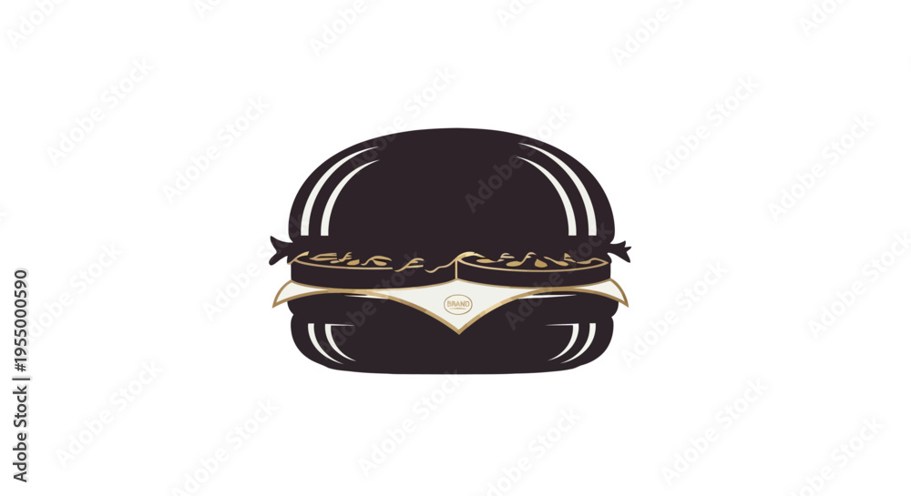 Fototapeta premium Stylized minimalist black burger with golden accents and seeds on a plain white background.